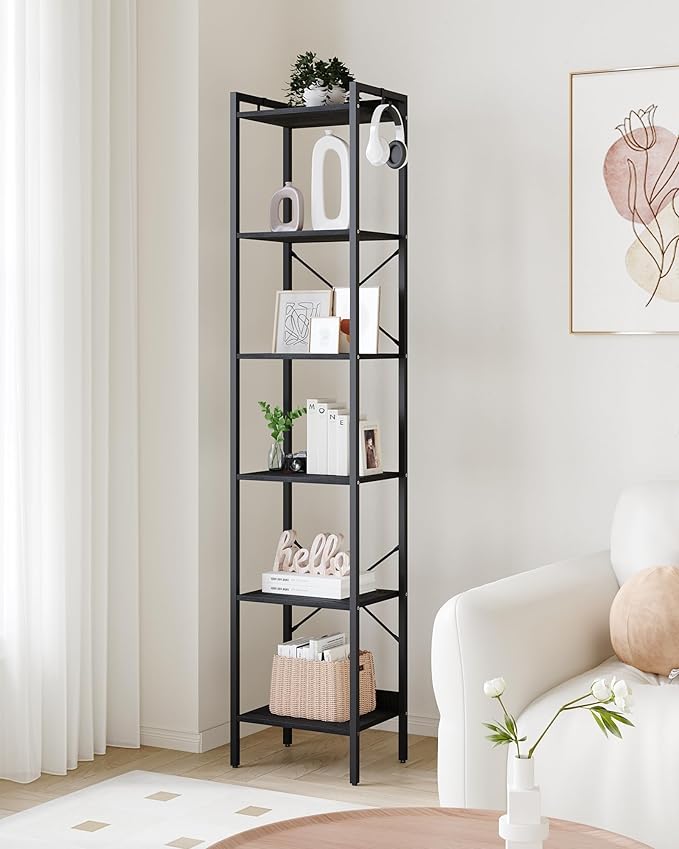 Bookshelf, Book Shelf, Industrial Bookcase with 2 Hooks, Coner Shelf Storage Organizer for Home Office, Living Room, Bedroom, Kitchen, 6-Tier Black BC10704B