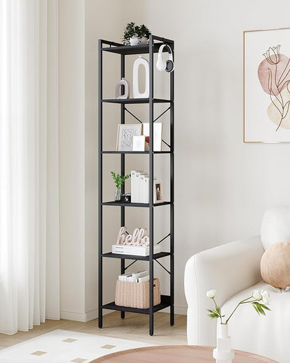 Bookshelf, Book Shelf, Industrial Bookcase with 2 Hooks, Coner Shelf Storage Organizer for Home Office, Living Room, Bedroom, Kitchen, 6-Tier Black BC10704B