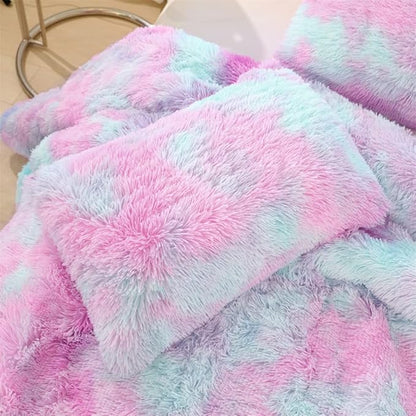 Faux Fur Kids Girls Purple Rainbow Comforter Sets King - 3PC Bed Set Warm Comfortable Soft Plush Flannel Velvet Fluffy Fuzzy Bedding（Comforter x 1 Pillowcases x 2）