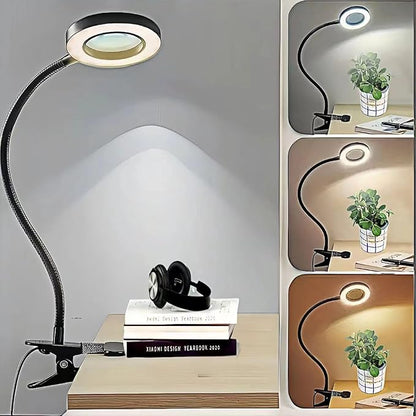 Magnifying Glass with Light 10X, Clip on Desk Lamp,Craft Lamp Adjustable Lighted Magnifying Glass with stand Portable Eye LED Lamp 3 Colors Dimmable for Reading Crafts Workbench (Black)