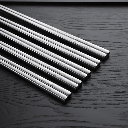 IQCWOOD 18/8 Stainless Steel Chopsticks, 5 Pairs Reusable Metal Chopsticks with Laser Engraved, Dishwasher Safe Non-Slip Square Japanese Korean Style for Cooking Eating, 9 1/4 Inches Gift Set