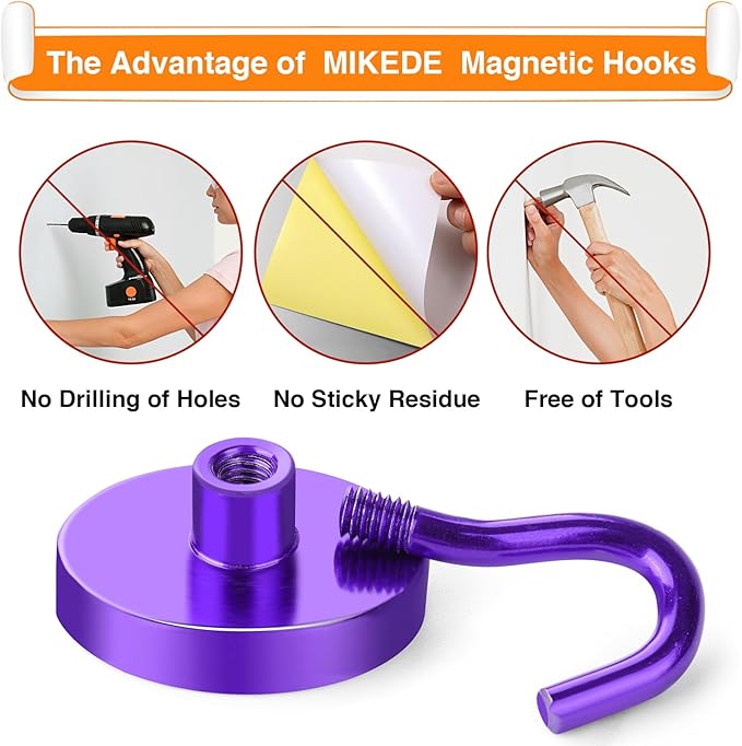 MIKEDE Strong Magnetic Hooks, 110Lbs Heavy Duty Magnetic Hooks for Cruise, Neodymium Earth Magnets with Hooks for Hanging, Super Metal Industrial Magnets for Grill, Storage (Purple,10 Pack)
