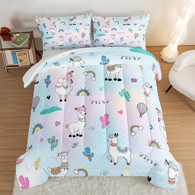 HOSIMA 3 Piece Cartoon Animal Llama Comforter,Cute Alpaca Toddler Comforter,Desert Cactus Plant Queen Comforter Set Set for Adults Kids,Fish Scales Comforter Rainbow Bedding Sets for Girls Boys.