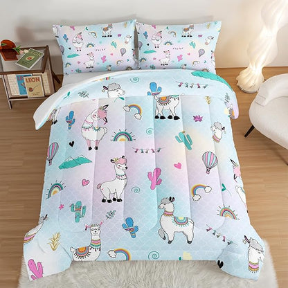 HOSIMA 3 Piece Cartoon Animal Llama Comforter,Cute Alpaca Toddler Comforter,Desert Cactus Plant Twin Bed in a Bag Sets for Adults Kids,Fish Scales Comforter Rainbow Twin Bedding Sets for Girls Boys.