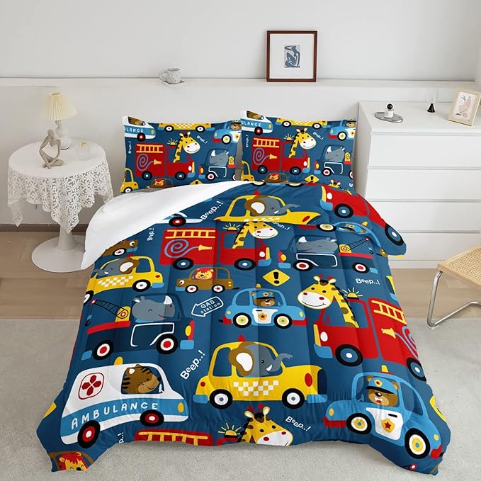 Datura home Kids Cartoon Car Comforter Set for Boys Kids Children,Transportation Car Police Car Kawaii Animals Printed Bedding Set with 1 Comforter and 2 Pillowcases(Cartoon Car Full)