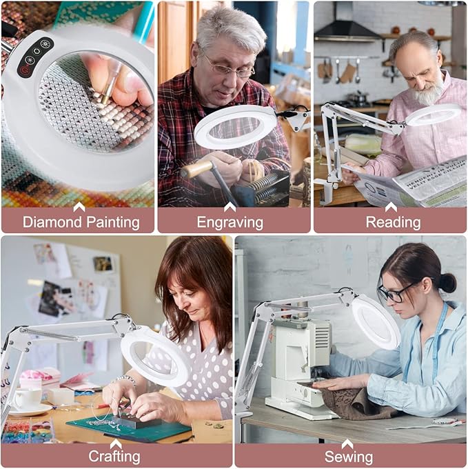 Veemagni 10X Magnifying Glass with Light with Clamp, 5 Color Modes Stepless Dimmable, Adjustable Swing Arm LED Lighted Desk Lamp, Hands Free Magnifier with Light and Stand for Craft Hobby Close Works