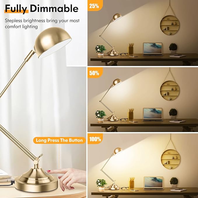 Architect Gold Desk Lamp Dimmable with USB Port, Adjustable Touch Control Vintage Desk Lamp 3 Color Modes, Brass Metal Desk Lamp Retro Style Reading Light for Home Office Desk Bedside Table