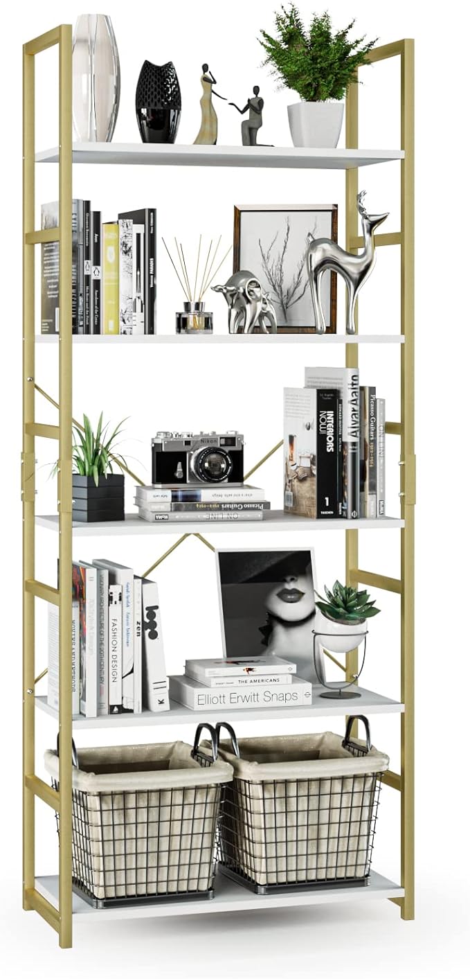 NUMENN 5 Tier Bookshelf, Tall Bookcase Shelf Storage Organizer, Modern Book Shelf for Bedroom, Living Room and Home Office, White/Gold