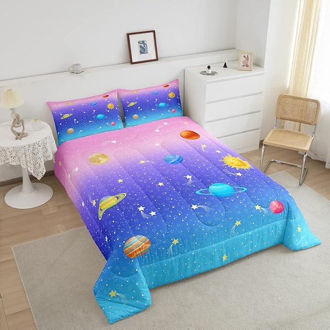 Erosebridal Cute Galaxy Comforter Set Full for Boys Girls Kids Stars Planet Space Bedding Set Kawaii Rainbow Pastel Bedding Comforter Sets Pink Blue Purple Ombre Cartoon Quilt Duvet 2 Pillow Cases
