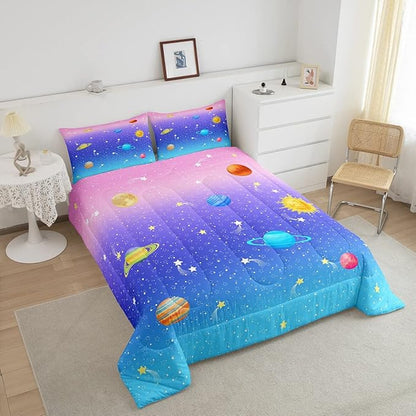 Erosebridal Space Comforter Set Twin Size for Boys Girls Kids Galaxy Stars Planet Bedding Set Kawaii Rainbow Pastel Bed Comforter Sets Pink Blue Purple Ombre Cartoon Quilt Duvet 1 Pillow Case
