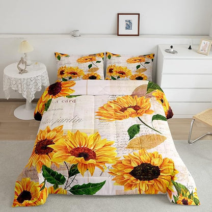 Girls Sunflowers Comforter Set Twin Size Retro Yellow Sunflower Bedding Set for Kids Teens Women Botanical Flowers Duvet Insert Vintage Floral Letters Down Comforter Kids Bedding Set, 2 Pieces