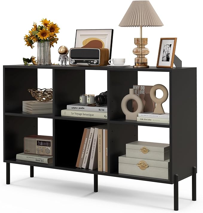 LOKO 6 Cube Bookcase, 3-Tier Floor Open Bookshelf with 5 Metal Legs, Cube Storage Organizer with Adjustable Shelves, Modern Display Shelving for Living Room, Study, Bedroom, Office (black)