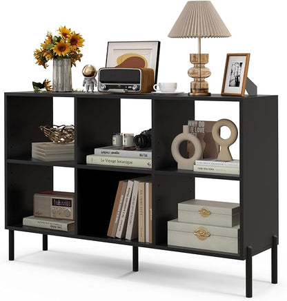 LOKO 6 Cube Bookcase, 3-Tier Floor Open Bookshelf with 5 Metal Legs, Cube Storage Organizer with Adjustable Shelves, Modern Display Shelving for Living Room, Study, Bedroom, Office (black)