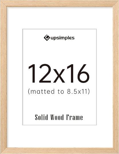 upsimples 12x16 Frame, Natural Solid Wood Picture Frames, Display 8.5x11 with Mat or 12 x 16 Without, Vertical & Horizontal Wall Hanging, 1 Pack, Natural