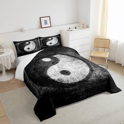 Yin Yang Bedding Set for Girls Boys Children Boho Trippy Psychedelic Art Comforter Set Decorative Gossip Pattern Comforter Traditional Ying Yang Theme Duvet Set Full Size 3Pcs