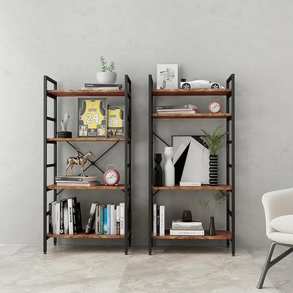 4 Tier Industrial Book Shelf,Modern Small Book Case for Books, Garage Kit, CDs, Movies, Standing BookShelves Display Rack for Bedroom/Living Room/Home Office - Rustic Brown Wood Bookcase