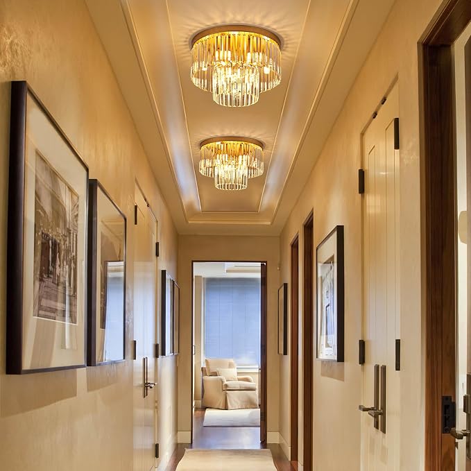 17" 9 Light Gold Crystal Ceiling Light for Dining Room | K9 Crystal, 2 Tier, E12 Base, Adjustable Color Temperature, Flush Mount, for Kitchen Island Living Room Bedroom Entryway