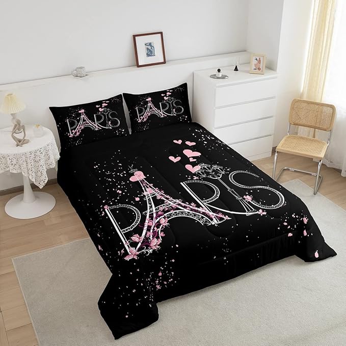 Eiffel Tower Comforter Set Chic Paris Bedding Set Romantic Theme Comforter for Boys Girls Children Teens Black Pink Bedroom Decor Modern French Style Duvet Set Twin Size with 1 Pillow Case