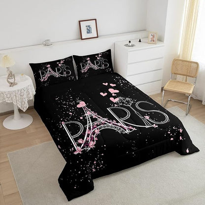 Eiffel Tower Comforter Set Chic Paris Bedding Set Romantic Theme Comforter for Boys Girls Children Teens Black Pink Bedroom Decor Modern French Style Duvet Set Queen Size with 2 Pillow Case