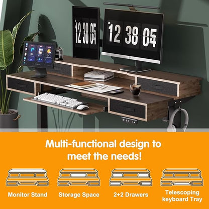Electric Standing Desk, Multifunctional Standing Desk Adjustable Height, 55 * 24 Standing Desk with 4 Drawers, Ergonomic Adjustable Standing Desk with Keyboard Tray, Rustic Brown