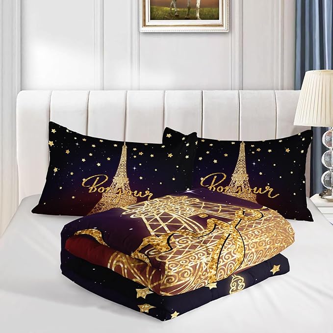 Datura home Kids Comforter Set Eiffel Tower Printed Pattern Bedding Set with 1 Comforter and 2 Pillowcases for Girls Boys Bedroom All Season(Tower Queen)