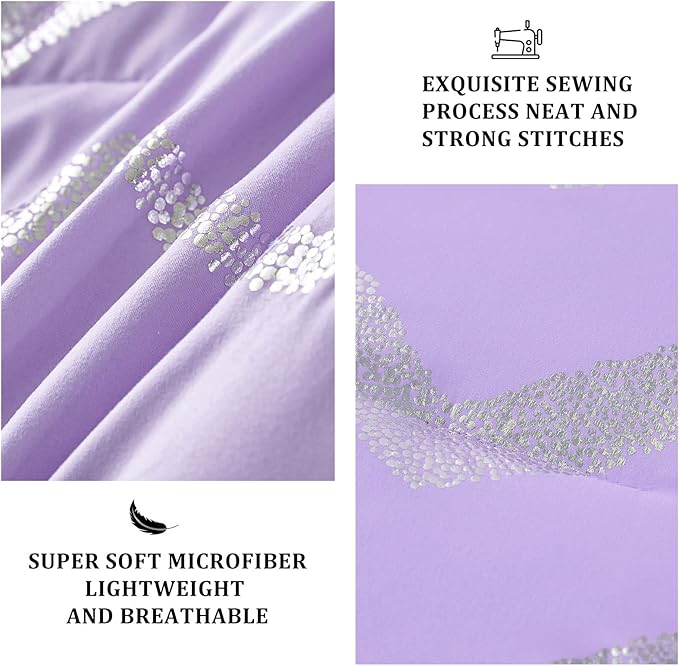 Purple/Silver Comforter Set Queen, Lavender Metallic Print Glitter Bedding Set Cute Shinny Lilac Bed Sets for Teen Girls Kids Women, 4 Piece (2 Pillowcases, 1 Decorative Pillow Sham)