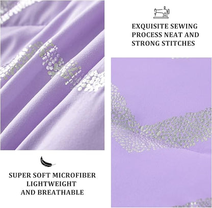 Purple/Silver Comforter Set Queen, Lavender Metallic Print Glitter Bedding Set Cute Shinny Lilac Bed Sets for Teen Girls Kids Women, 4 Piece (2 Pillowcases, 1 Decorative Pillow Sham)