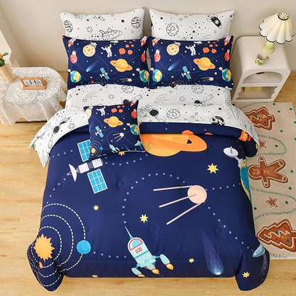 8 Piece Kid Comforter Set Twin Size Bed in a Bag, Space Rocket Bedding Set for Teen Boys Girls