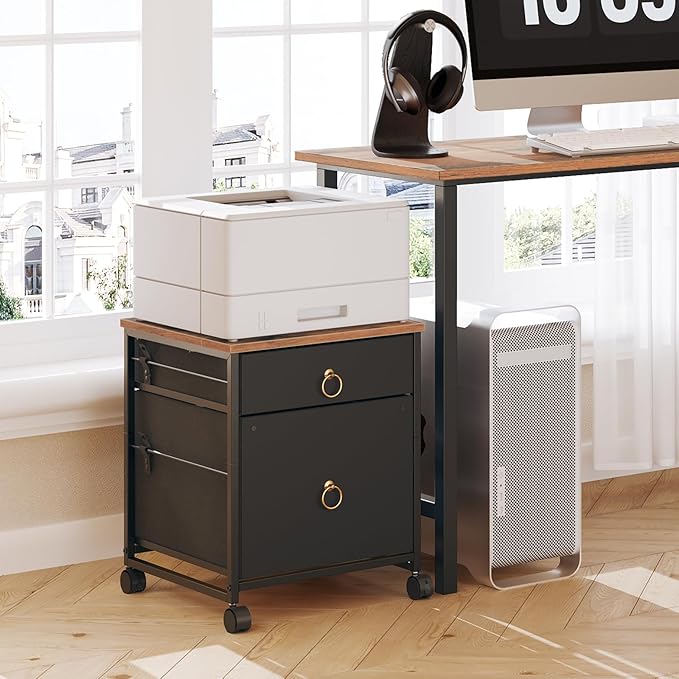 HOOBRO File Cabinet, 2-Drawer Filing Cabinet, Vertical Mobile Office Cabinet, Rolling Printer Stand, for A4/Letter Size Files, Nonwovens Drawer, for Home Office, Rustic Brown and Black BFK21WJ01