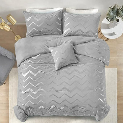 Grey and Silver Comforter Set King Size, Metallic Print Geometric Bedding Set, 4 Piece Lightweight Microfiber Comforter for Teen Girls Boys Women (2 Pillow Shams + 1 Decorative Pillow Sham)