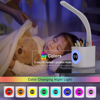 YOUKOYI LED Desk Lamp with Clock, Kids Desk Lamp, 10W Dimmable Study Lamp with Pen Holder, 4 Lighting Modes&5 Brightness Level with Color Changing Nightlight, Desk Lamps for Home Office, Gift for Kids