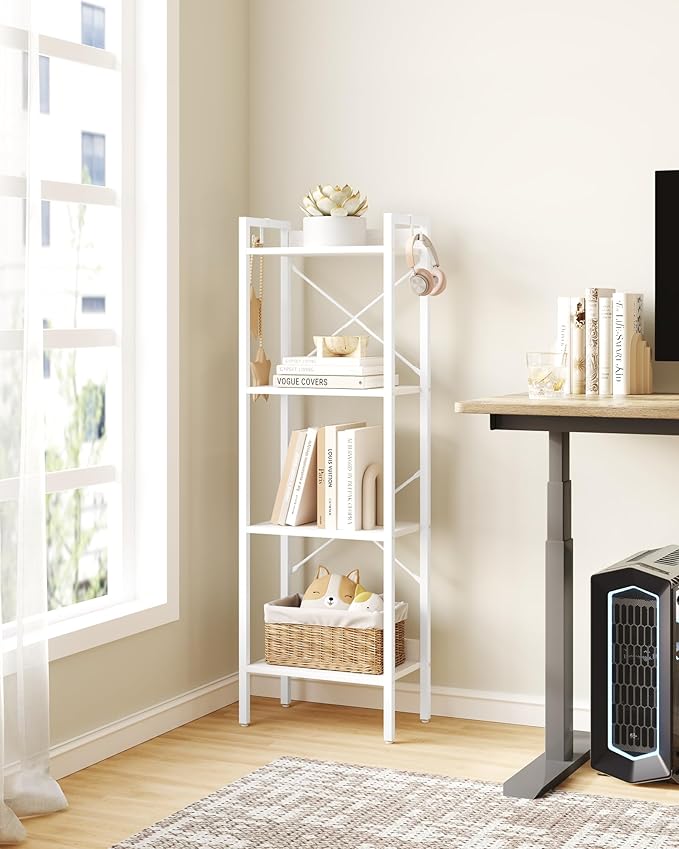 Bookshelf, Book Shelf, Industrial Bookcase with 2 Hooks, Coner Shelf Storage Organizer for Home Office, Living Room, Bedroom, Kitchen, 4-Tier White BC10413W