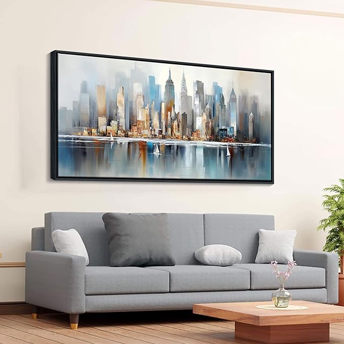 DUNHUANG ART Modern New York City Skyline Wall Art - Large Framed Abstract Canvas Painting for Home & Office Decor - Vibrant NYC Cityscape Picture - 30"x60"