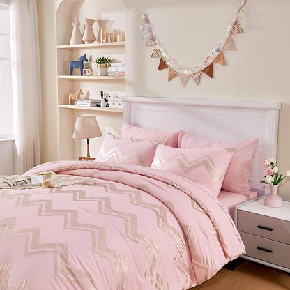 Wowelife Girl Bedding Sets Pink Comforter for Queen Size Bed 7 Pieces Gold Glitter Foil Queen Bedding Set Teen Girl Bedding Pink Full Kids Bedroom Beding Sets with 2 Pillow Shams and 2 Pillowcase