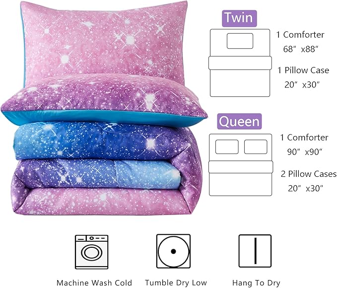Purple Glitter Comforter Set Twin Size for Girls, Sparkle Galaxy Twinkle Starlight Comforter for Twin(2-Piece)