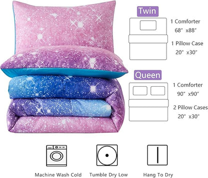 Purple Glitter Comforter Set Full/Queen Size for Girls, Sparkle Galaxy Twinkle for Kids Teen,3 Piece Blue Purple Pink Ombre Pastel Bedding Set 2 Pillow Cases(Purple,Queen),(3-Piece)