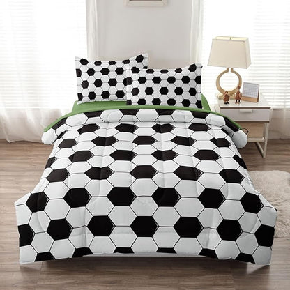 Soccer Comforter Set Full for Boys Girls, 5 Pieces Soccer Bedding Twin Bed in a Bag Set with Sheets, Black and White Bed Sets for Teenage