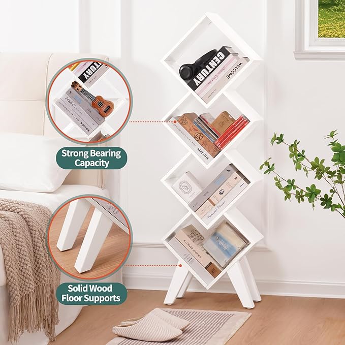 Yoobure White Bookshelf, Wood Small Bookcase 4-Tier Book Shelf, Tall Bookcases Book Organizer, Modern Bookshelves Floor Standing for CDs/Books in Small Spaces, Living Room, Home Office, Bedroom