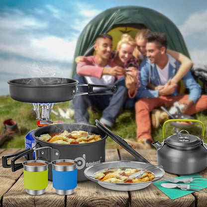 Odoland 15pcs Camping Cookware Mess Kit, 1.9L Pot, for Camping, Backpacking | Anodized aluminum, for hiking, outdoor cooking and picnic, 1.9L pot 0.8L kettle 0.86L pan mess kit, little compact pot set