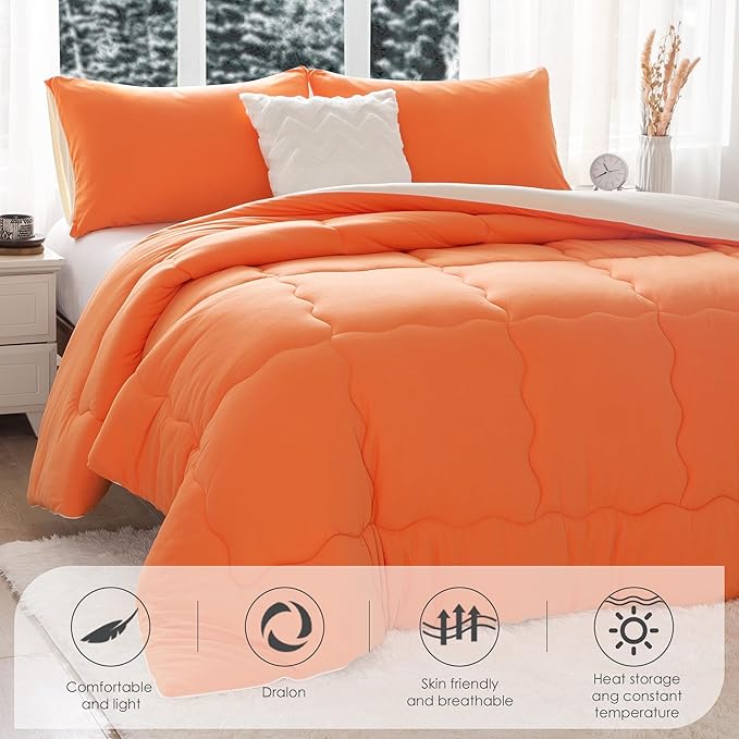 COTTEBED Warm Reversible Softness Burnt Orange and Beige King Size Comforter Sets Clearance, California King Soft Fully Breathable Bedding Down Comforter and Pillowsham for Women Winter King/Cal King