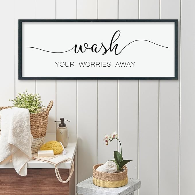 LuZhiQiang Wash Your Worries Away Sign Bathroom Wall Art Decor 40"×15" Large Wood Framed Laundry Room Funny And Artwork Wall Hanging (Black)