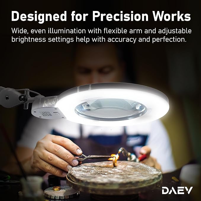 Desk Magnifying Glass with Light - DAEV - 7" Large LED Magnifying Glass with Clamp, Easy Change 5D (2.25X) and 3D (1.75X) Glass. 1600 Lumen, 6500K CCT Dimmable LED Magnifier with Light, White