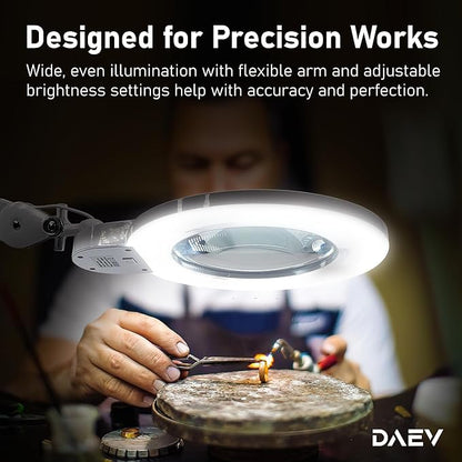 Desk Magnifying Glass with Light - DAEV - 7" Large LED Magnifying Glass with Clamp, Easy Change 5D (2.25X) and 3D (1.75X) Glass. 1600 Lumen, 6500K CCT Dimmable LED Magnifier with Light, White
