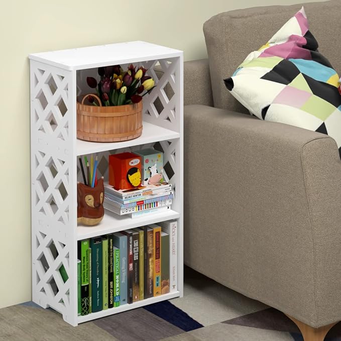 Bookcase 4 Tier, 3-Shelf Kids Bookshelf - Compact Book Organizer and Open Shelf Rack for Bedroom, Living Room, Office, Bathroom - Ideal Small Bookcase for Small Spaces - White