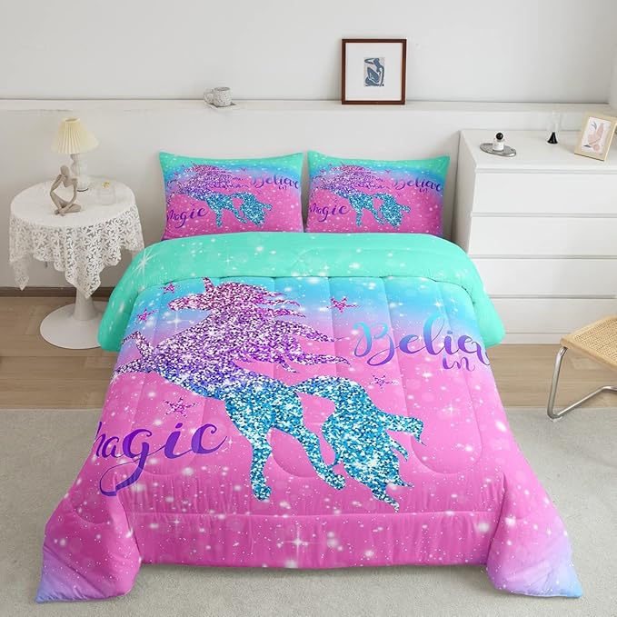 Unicorn Duvet Insert Queen Size,Glitter Starry Sky Comforter Set,Pink Blue Gradient Bedding Set,Sparkel Sequins Animal Down Comforter For Girls Teens Women Youth,3Pcs Magical Unicorn Quilt Comforter