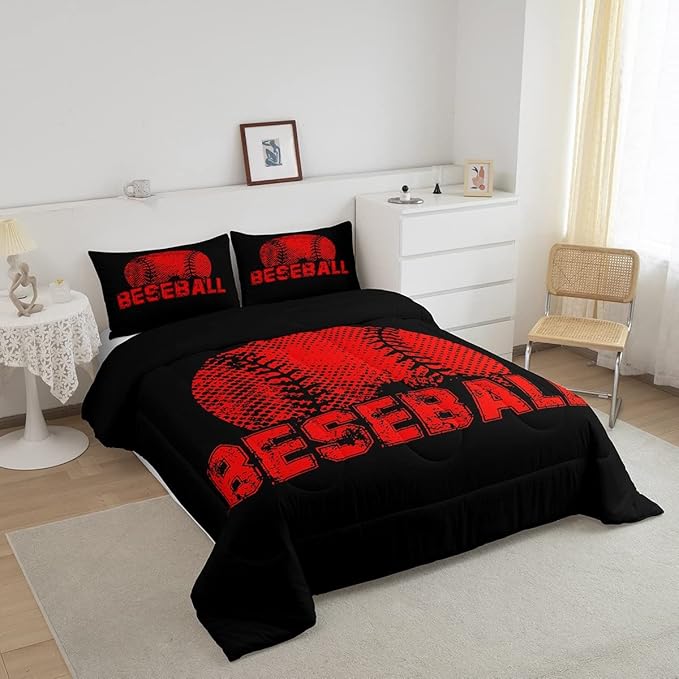 Erosebridal Kids Baseball Full Size Bedding Set Red Black Sports Comforter Set for Boys Girls Teen,Reversible Black Quilt Comforter Soft Lightweight for All Season,1 Comforter and 2 Pillow Cases