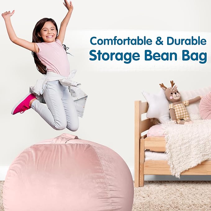 Lukeight Stuffed Animal Storage Bean Bag Chair Cover for Kids, Zipper Beanbag Chair Cover for Organizing Toddler & Kids' Rooms Plush Toys (Pink Velvet, X-Large)