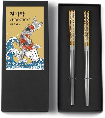 Carp Gold Reusable Chopsticks Square Metal Stainless Steel 316 18/10 Non-Slip Dishwasher Safe Designed In Korea Japanese Style (Gold - 2 Pairs)