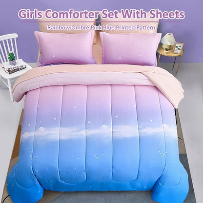 Dinjoy Girls Comforter Set Twin XL Size Colorful Rainbow Ombre Pink Blue Bedding Set Gradient 6 Pieces Bed in A Bag for Kids Teen Girl Women(1 Comforter, 1 Flat Sheet, 1 Fitted Sheet)