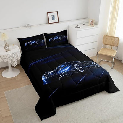 Feelyou Blue Race Car Bedding Set King Size for Kids Boys Extreme Sport Games Comforter Set Teens Toddler Fast and Furious Duvet Set Cool Modern Quilt Set 3Pcs